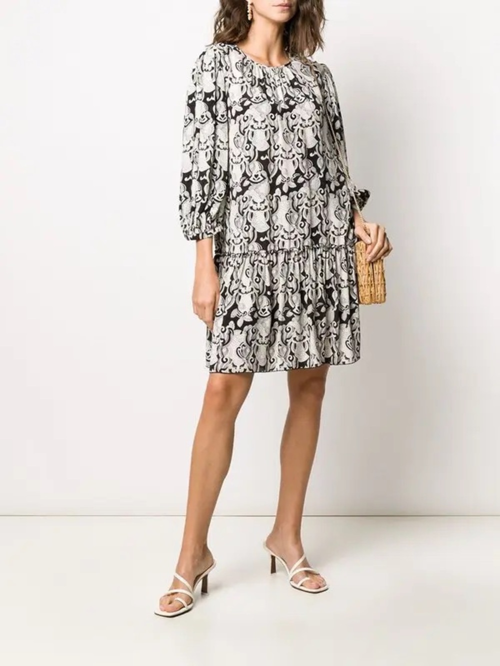 See by Chloé Black & White Silk Blend Floral Crepe Shift Dress | EU 38 / US 6